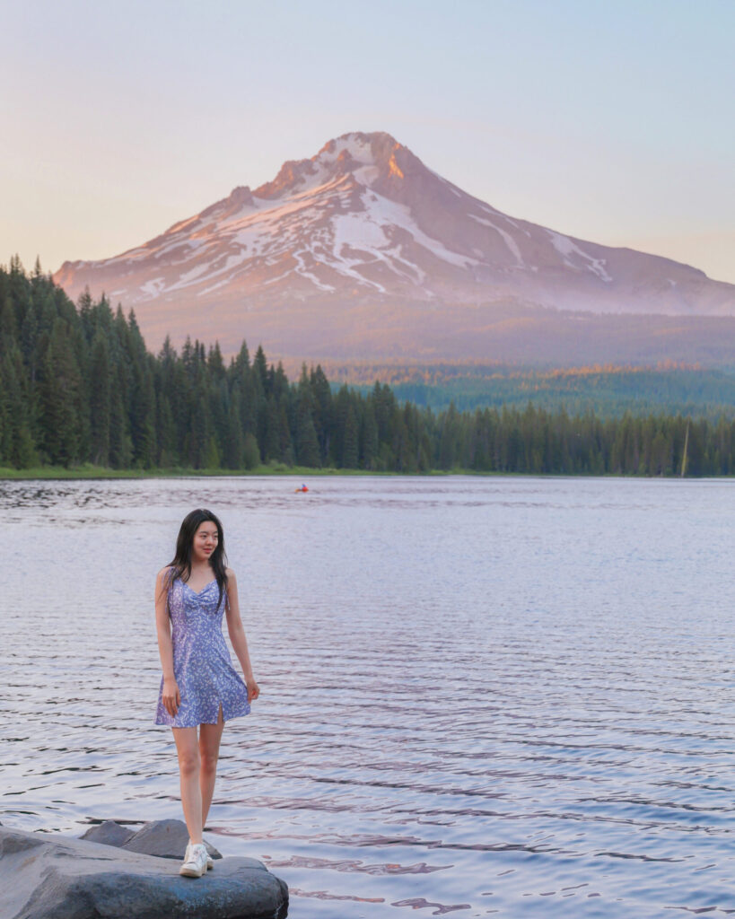 Girl with view of Trillium Lake and Mount Hood in Oregon