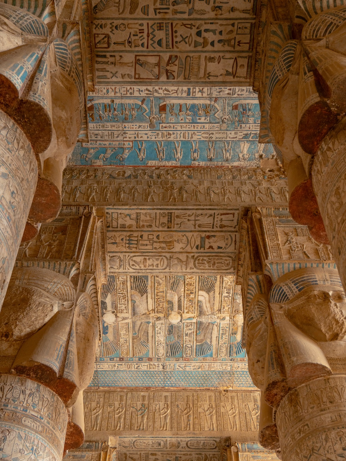 Painted ceiling detail at Dendera Temple in Egypt