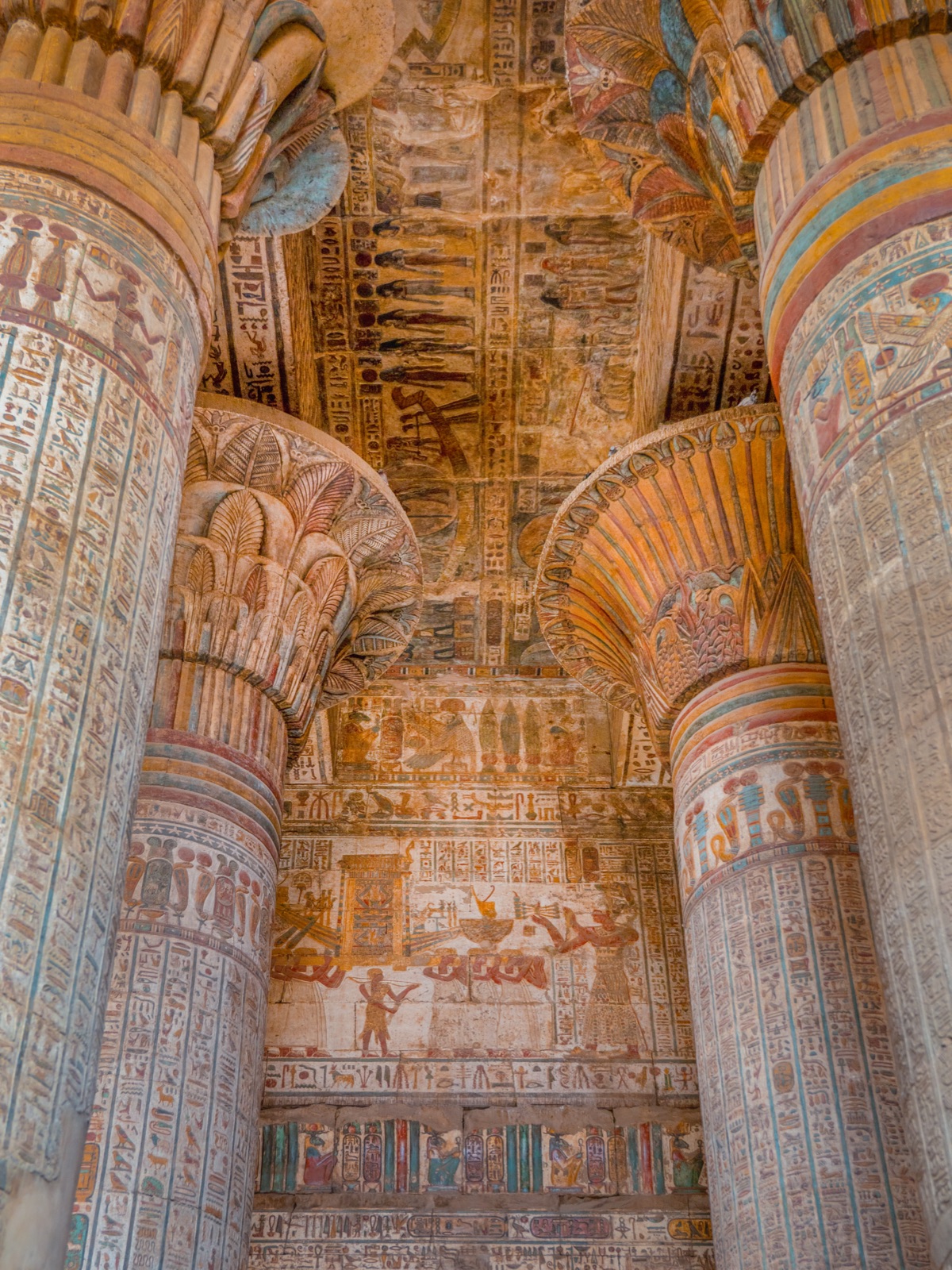 Painted columns and ceiling at Esna Temple in Egypt