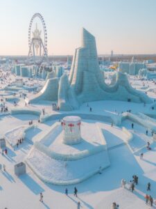 Aerial view of the Harbin Ice and Snow World festival with ice sculptures and ferris wheel