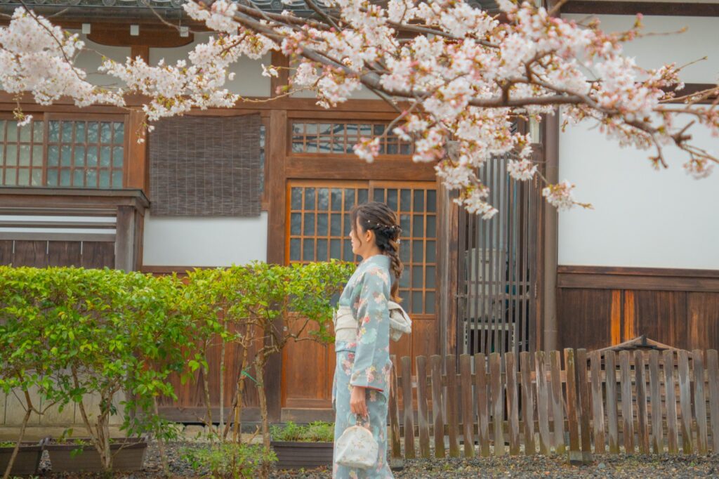 Woman in kimono walking past a traditional Kyoto house with cherry blossoms overhead