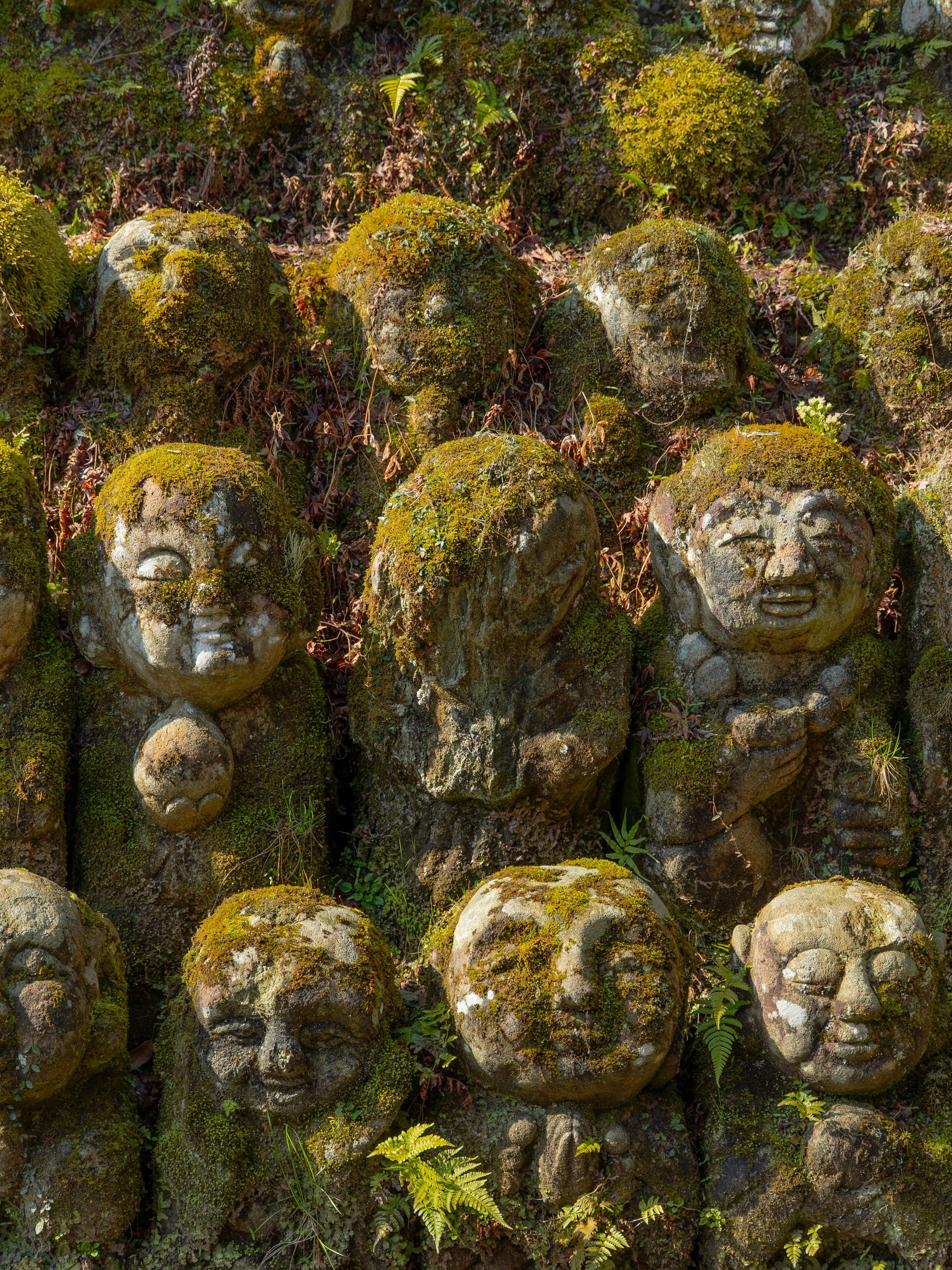 Close-up of moss-covered stone rakan statues with expressive faces at Otagi Nenbutsu-ji temple in Kyoto