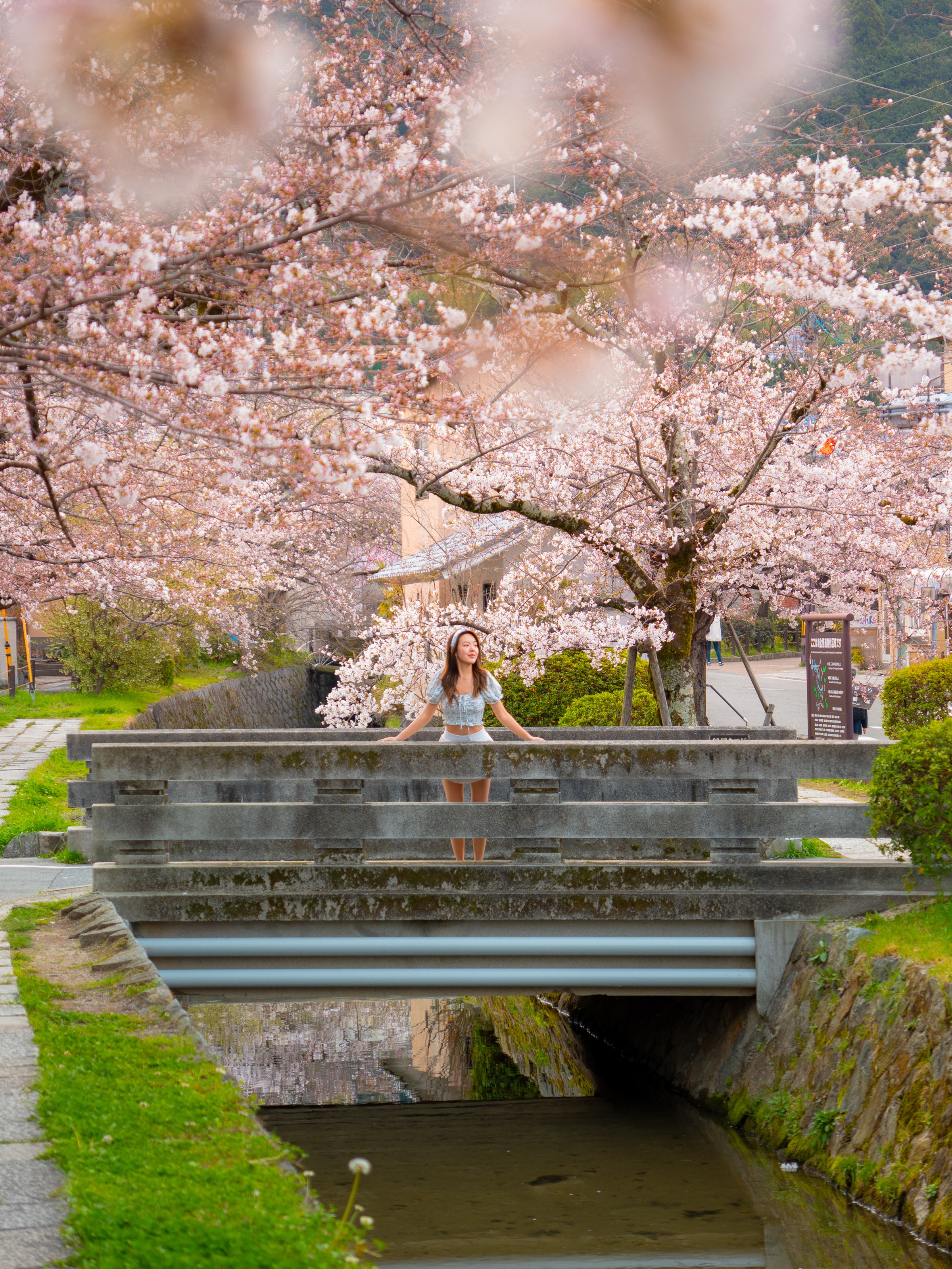 Woman standing on a small stone bridge surrounded by cherry blossoms along the Philosopher Path canal in Kyoto