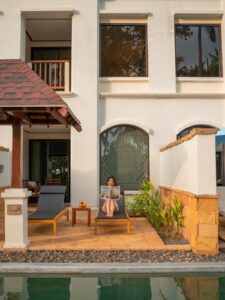 Poolside terrace at a hotel in Phuket, Thailand