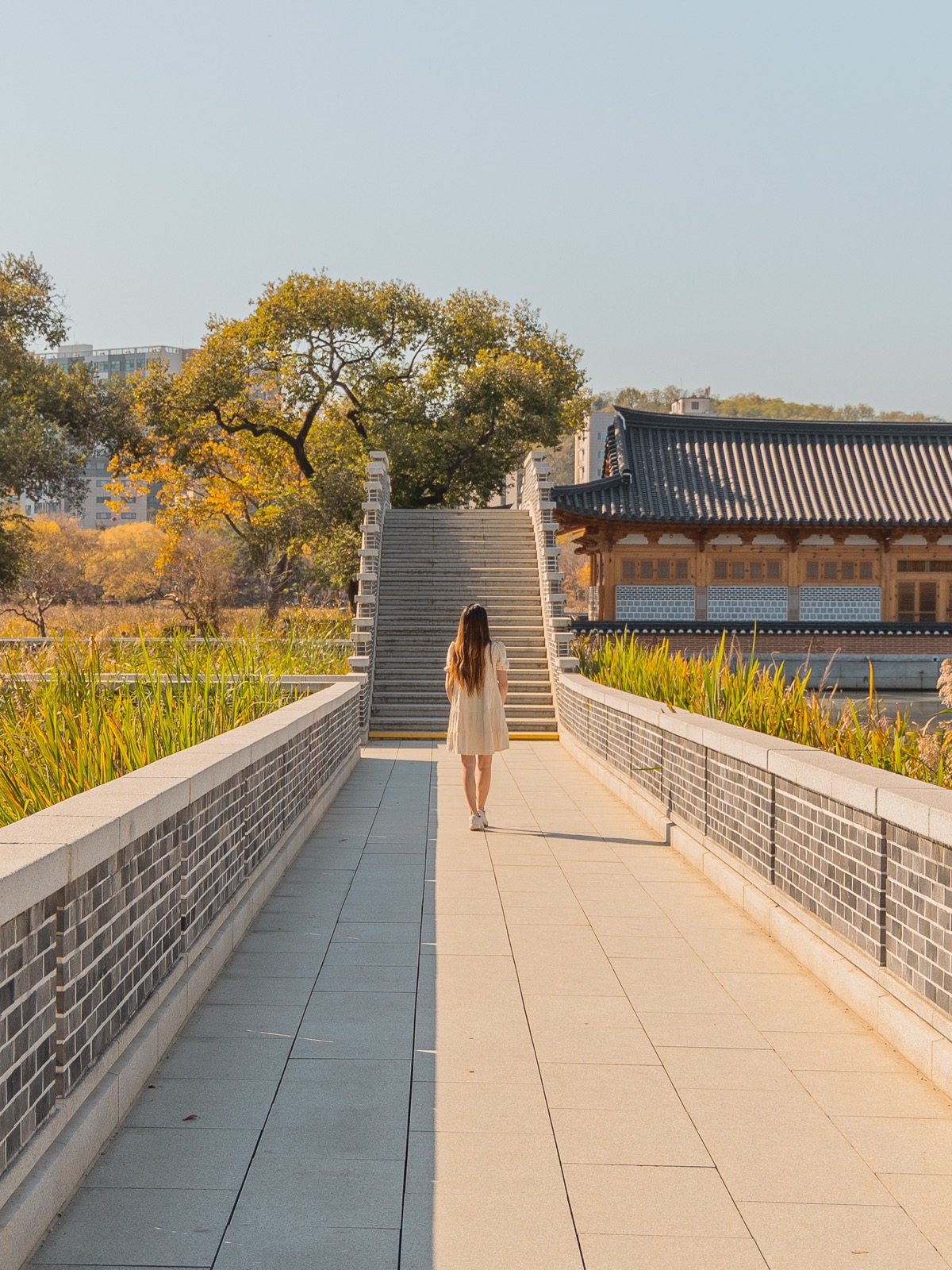 Woman walking along a stone bridge toward a traditional Korean pavilion surrounded by autumn foliage at Deokjin Park in Jeonju, South Korea